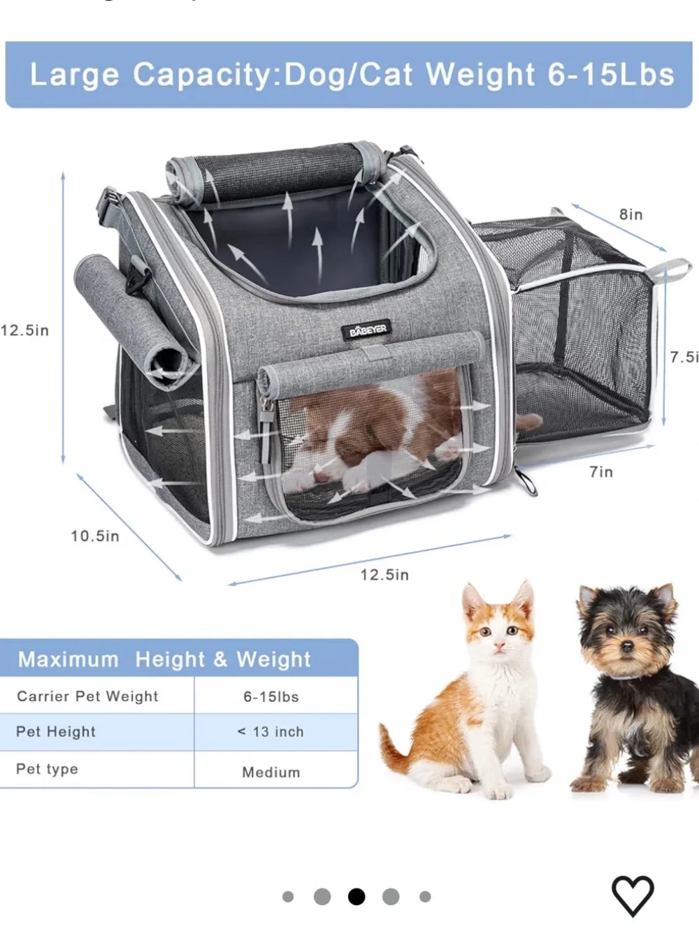 BABEYER,Pet Bike Basket Carrier, Backpack Softsided w/4 mesh windows,Grey Color
